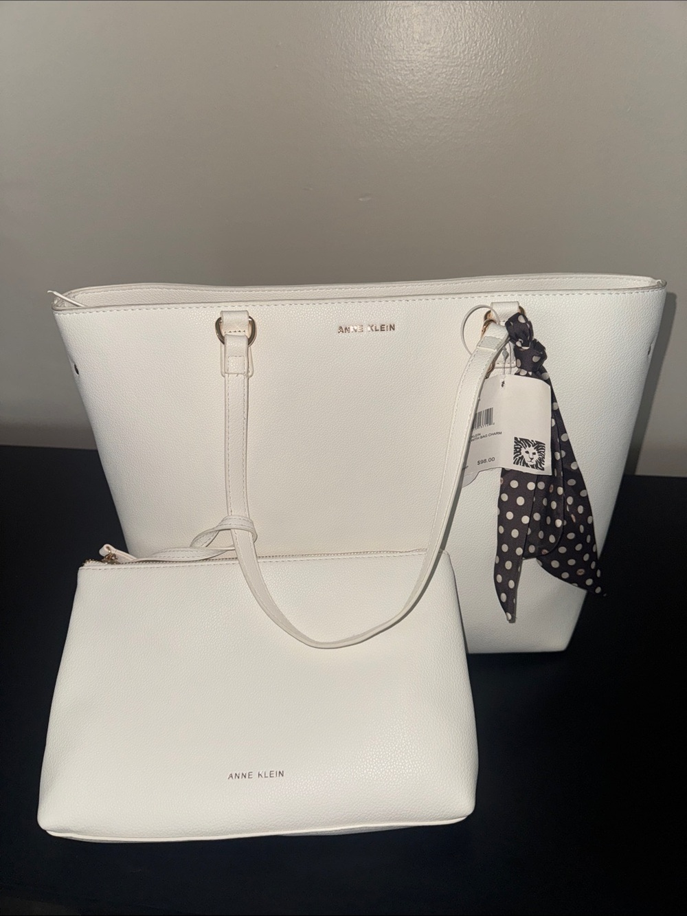 Anne Klein White Tote with Matching Pouch and Polka Dot Scarf